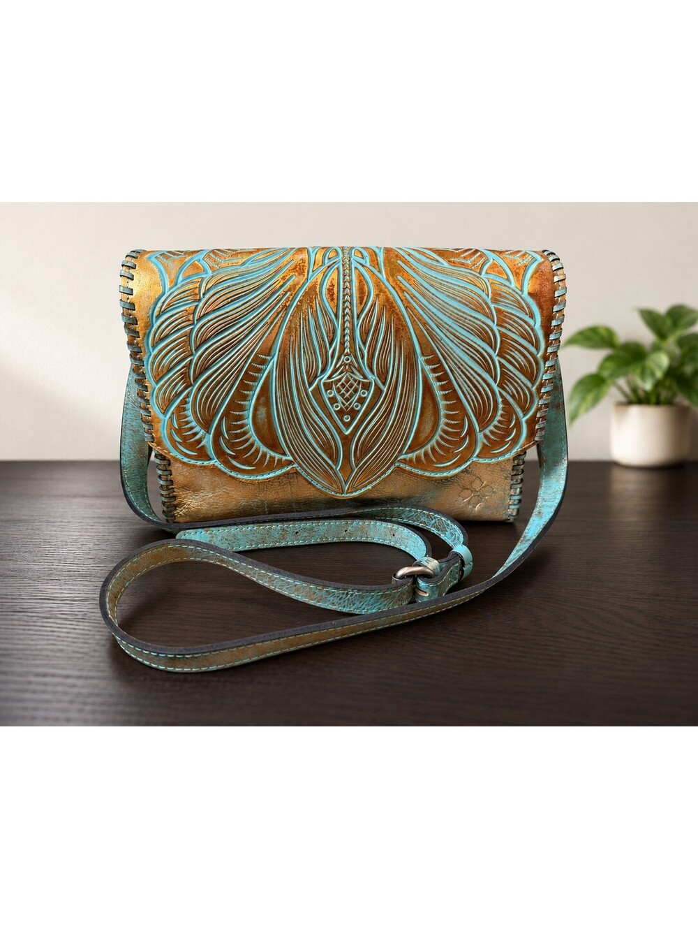 Patricia Nash Sarola Turquoise Gold Tooled Leather Crossbody Bag NWT